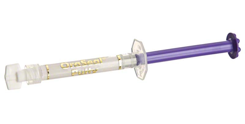 OraSeal Putty Spritze mit lila Kolben und transparenter Spitze.