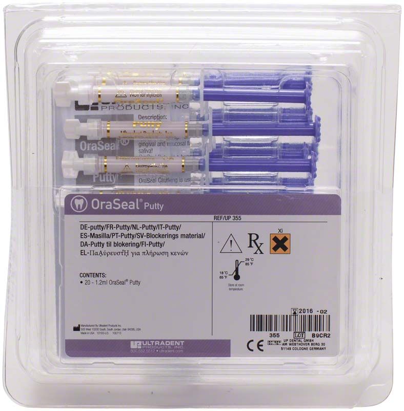 OraSeal Putty 20 x 1,2ml in transparenter Verpackung mit violetten Applikatoren.