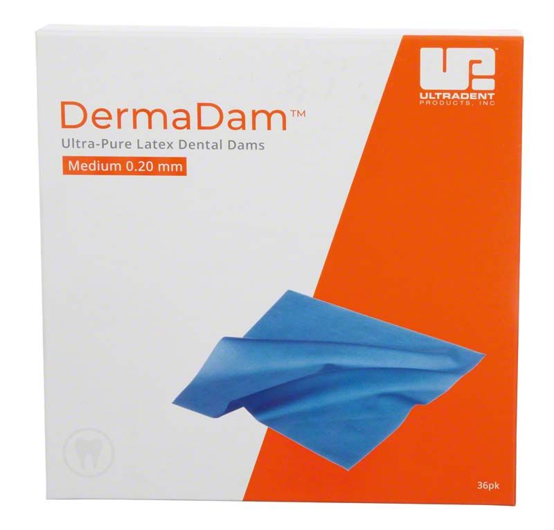 DermaDam Kofferdam-Verpackung mit blauem latexfreiem Dental-Dam.