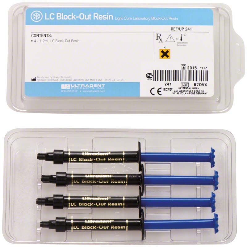 LC Block-Out Resin Refill mit vier blauen Spritzen in Kunststoffverpackung.