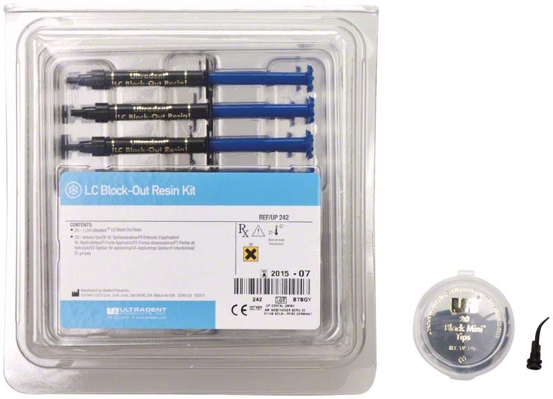 LC Block-Out Resin Econo Kit mit blauen Kunststoffspritzen und Zubehör.