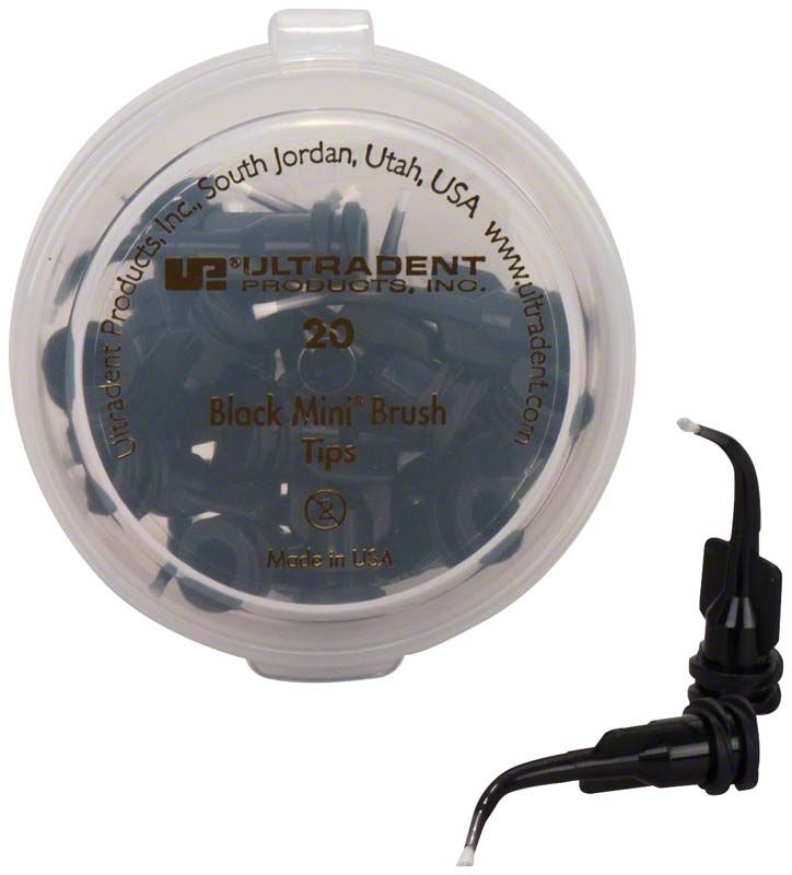 Runde Verpackung mit 20 schwarzen Mini Brush Tips von Ultradent.