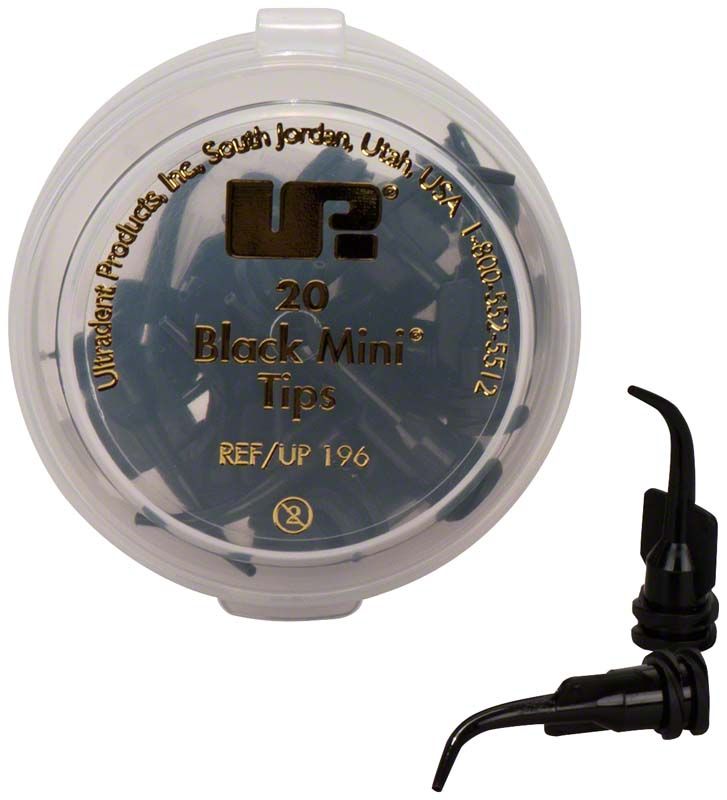 20 schwarze Mini-Tips von Ultradent in einer transparenten Verpackung.