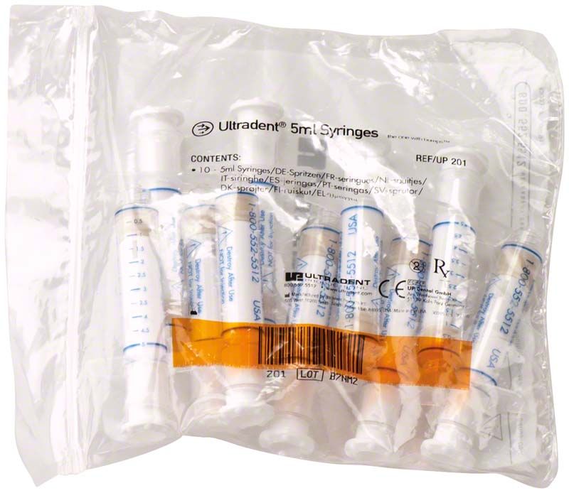 10er-Packung 5ml Leerspritzen von Ultradent in durchsichtiger Plastikverpackung.