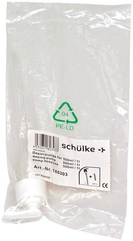 Dosierpumpe für 500ml und 1l Flaschen, verpackt in Kunststoffbeutel.