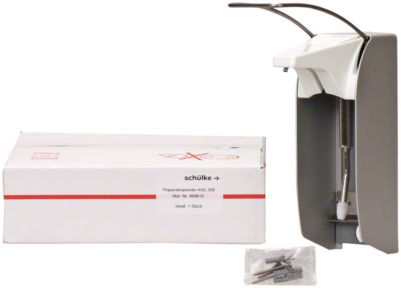 Präparatespender 500 ml KHL Langarm mit Verpackung und Befestigungsmaterial.