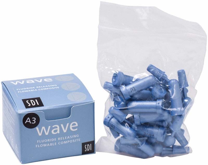Blaues Zahnarztkomposit Wave Complets A3 in Verpackung und Beutel.