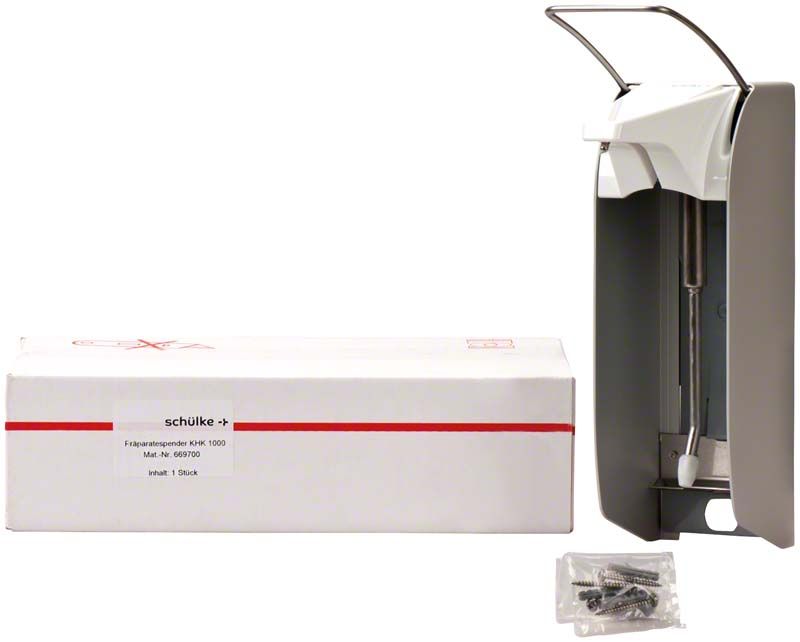 Präparatespender 1000 ml KHK Kurzarm mit Verpackung und Befestigungsmaterial.