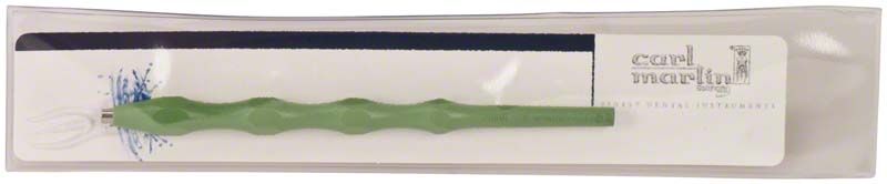 Grüner Mundspiegelgriff aus thermisch belastbarem Kunststoff in Verpackung.