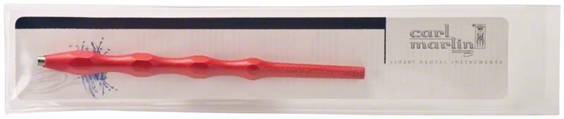 Roter Mundspiegelgriff aus Kunststoff in transparenter Verpackung.