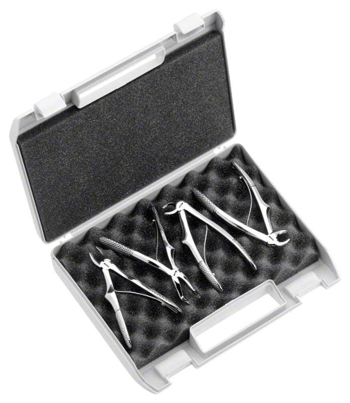 Kinderzahnzangenset aus Edelstahl in geöffneter Aufbewahrungsbox.