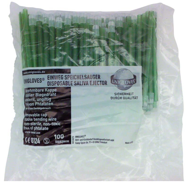 Einweg-Speichelsauger mit grüner abnehmbarer Kappe in Verpackung.