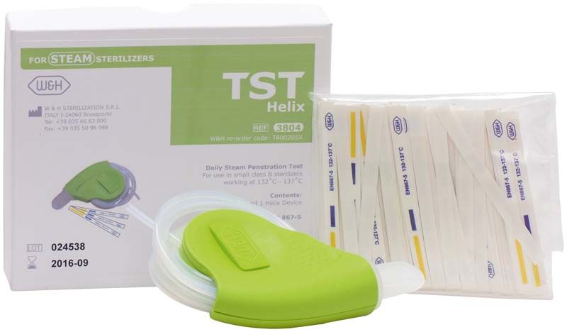Helix Testkit mit grünem Gehäuse, Verpackung und Indikatorstreifen.