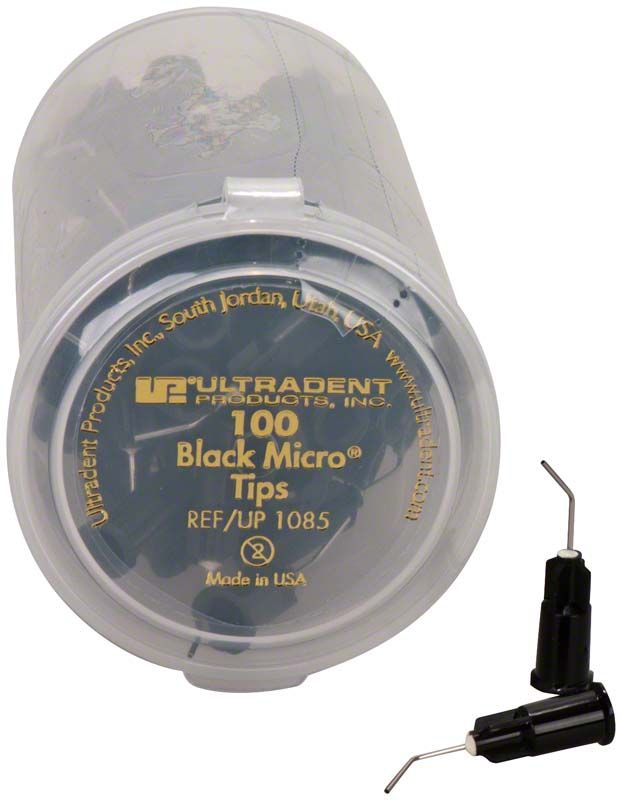 100 schwarze Micro Applikationstips mit feiner Metallkanüle in transparenter Verpackung.