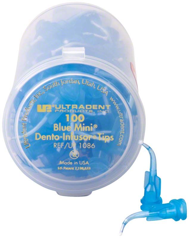 100er Pack Blue Mini Dento-Infusor Tips von Ultradent in transparenter Dose.