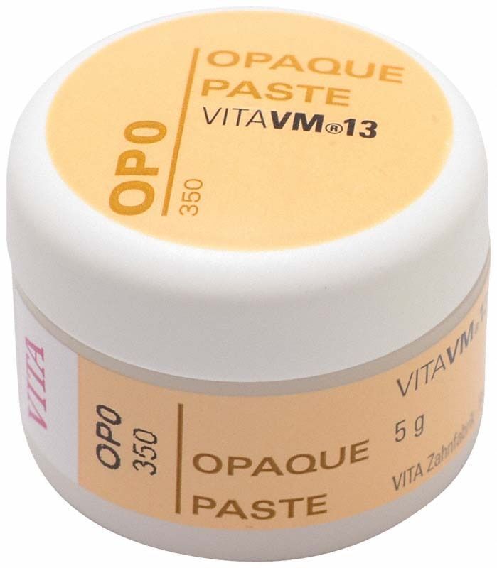 Weißer Behälter mit VITA VM13 Opaque Paste OP0, 5g.