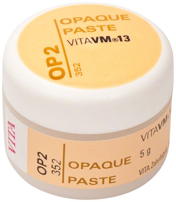 VITA VM 13 Opaque Paste OP2 in weißem Kunststoffbehälter.