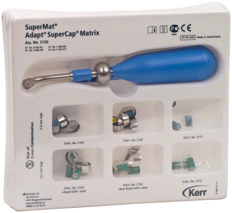 SuperMat Sortiment mit blauen Handgriff und Matrizen für Macro-Restaurationen.