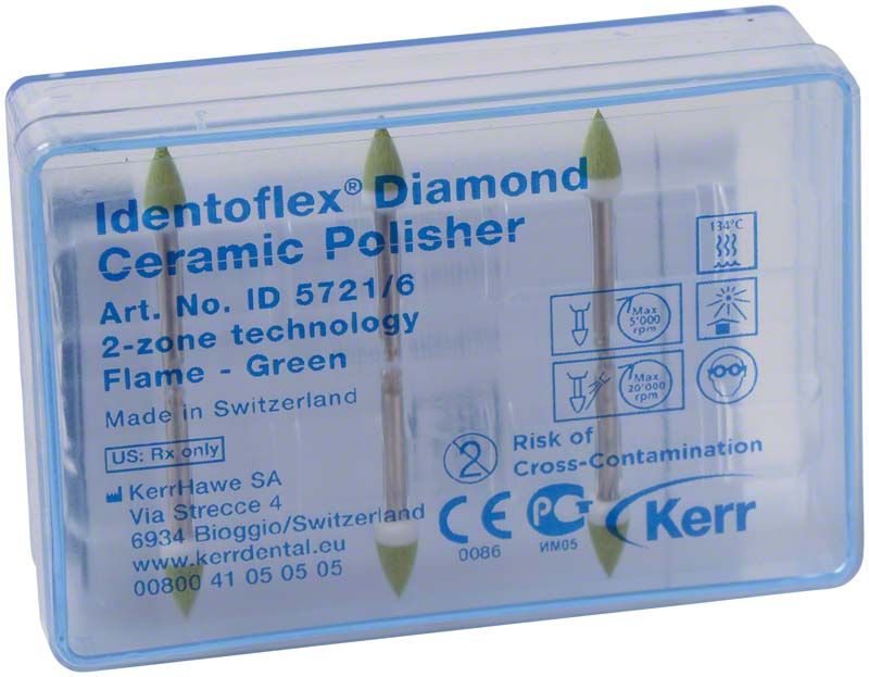 Identoflex™ Diamant-Keramik-Polierer Flamme in transparenter Verpackung mit grüner Farb-Codierung.