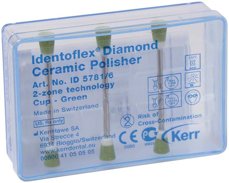 Identoflex™ Diamant-Keramik-Polierer Kelch in transparenter Verpackung mit grüner Farb-Codierung.
