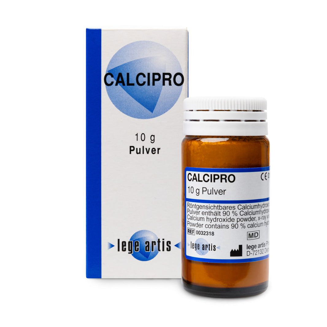 Calcipro Calciumhydroxid-Pulverflasche mit Verpackung im Hintergrund