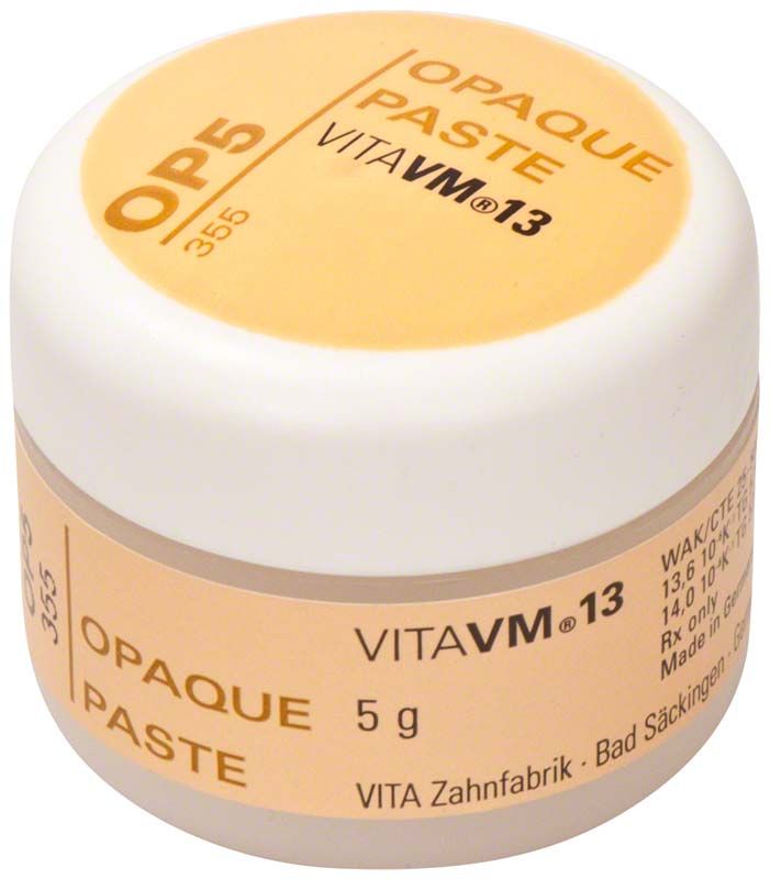 Beige Dose mit VITA VM13 Opaque Paste OP5 Aufschrift.