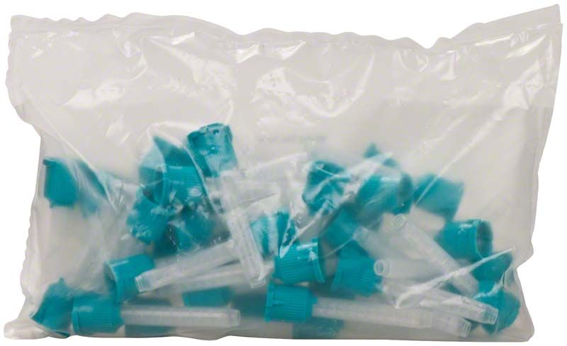Mischkanülen türkis in transparenter Verpackung für Dentalabformungen.