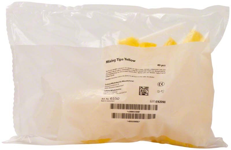 Mischkanülen Mixingtips gelb in transparenter Verpackung mit Etikett.
