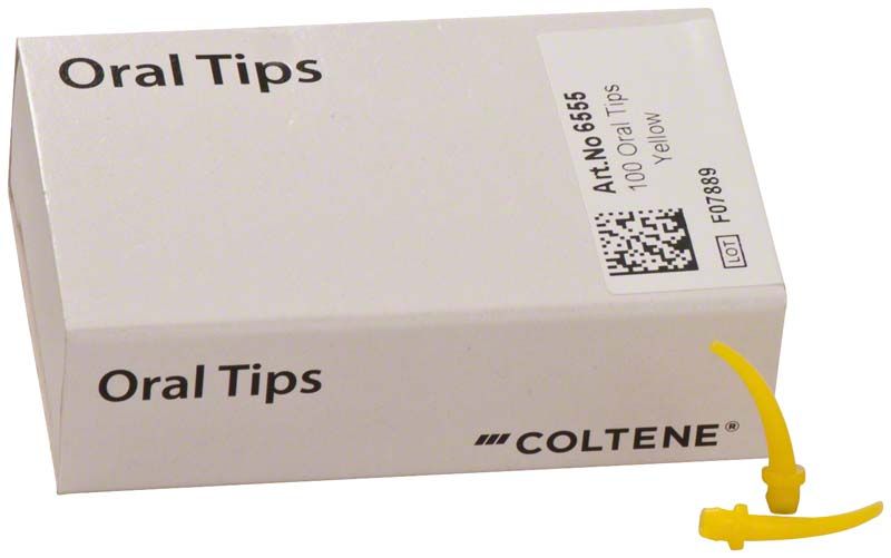 Gelbe Oral Tips Mischkanülen von Medic-Star in Verpackung von Coltene.