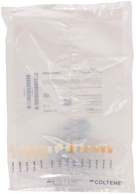 Transparente Verpackung des Miris 2 Farbschlüssels mit Zahnschattendarstellung.
