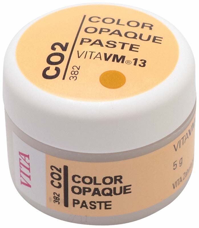 Behälter mit VM13 Color Opaque Paste CO2, beige Etikett.