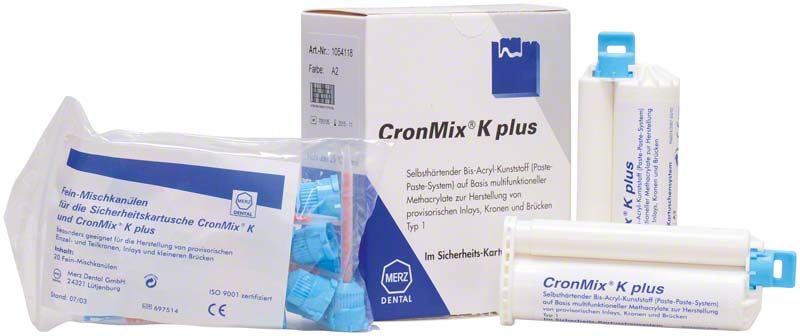 Selbsthärtendes Kronen- und Brückenmaterial CronMix K plus mit Verpackung.
