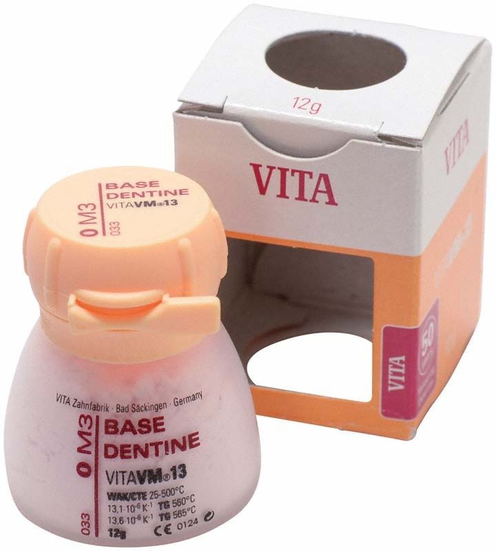 Keramikpulver VM13 3D Base Dentin 12g 0M3 in geöffneter Verpackung.