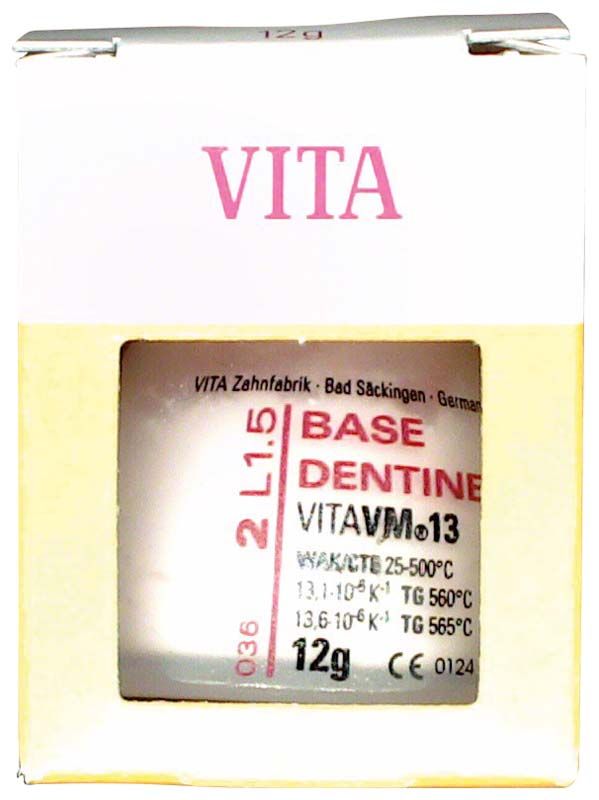 VM13 3D Base Dentin 12g, Verpackung mit Aufschrift und Dosierungsdetails.