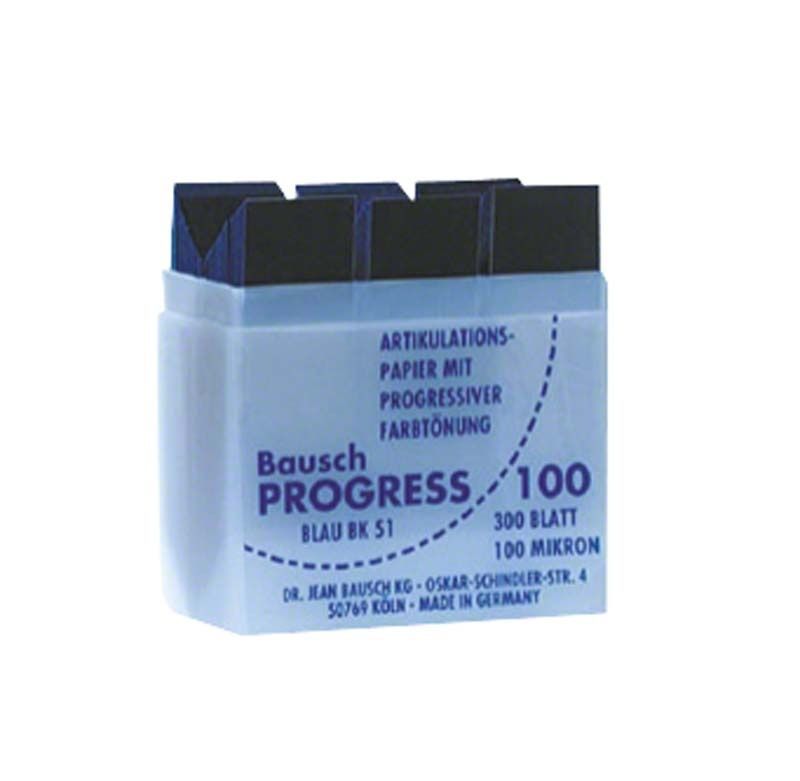 Bausch Progress 100 Artikulationspapier im blauen Plastikspender.