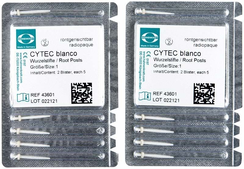 Cytec blanco Glasfaser-Wurzelstifte mit weißem Ring in Blisterverpackung.