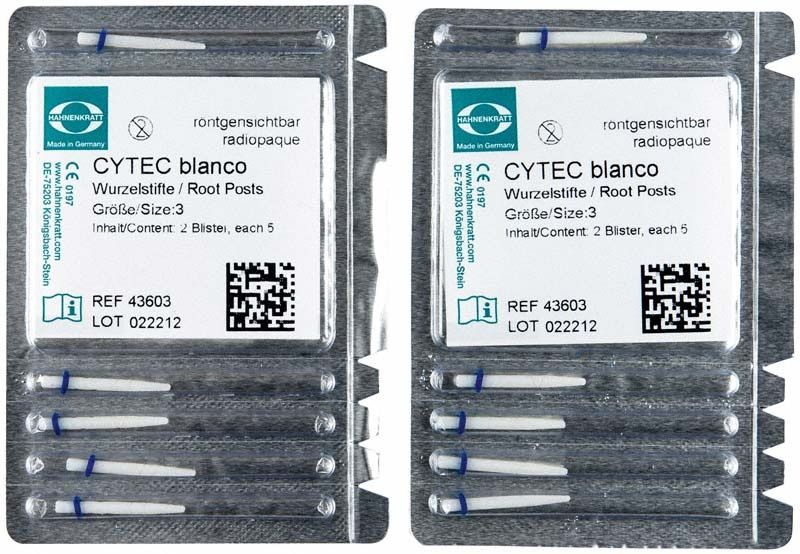 Blisterverpackung von Cytec blanco Wurzelstiften mit blauem Ring.