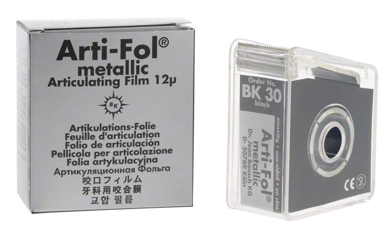 Arti-Fol® metallic 12µ Artikulationsfolie, schwarze Verpackung und Spenderbox.
