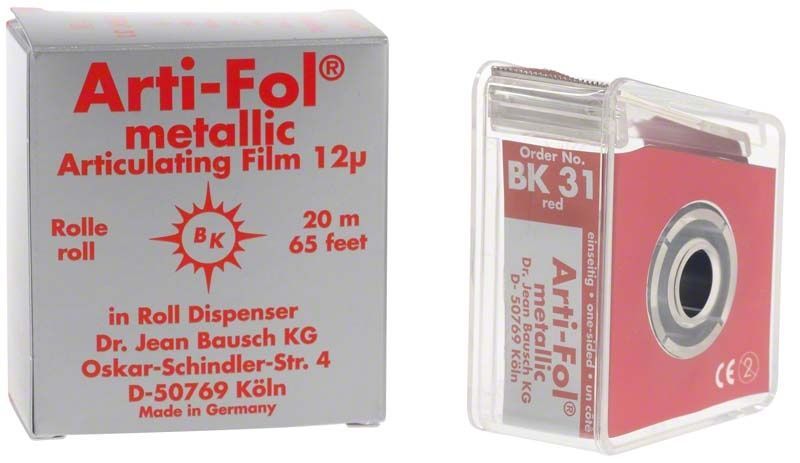 Arti-Fol® metallic 12µ in roter Spenderbox, 20m Länge, 22mm Breite.