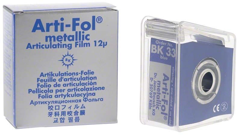 Arti-Fol® metallic 12µ blau in Spenderbox neben Produktverpackung.