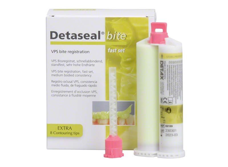 Detaseal Bite Kartuschen 2x50ml mit Verpackung im Hintergrund.
