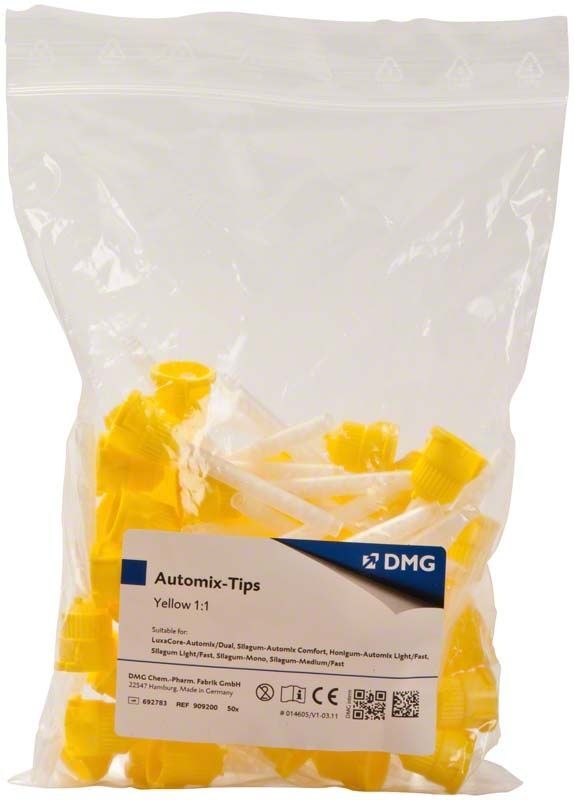 Automix-Tips 1:1, gelbe Mischkanülen für 50ml Automix-Kartuschen, in Tüte.