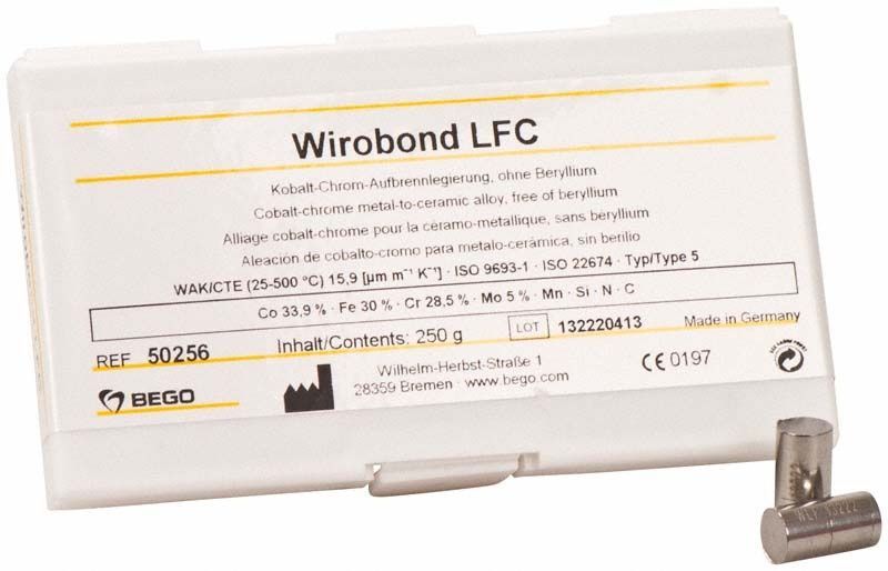 Wirobond LFC 250g Kobalt-Chrom-Aufbrennlegierung in weißer Verpackung mit zwei Proben.