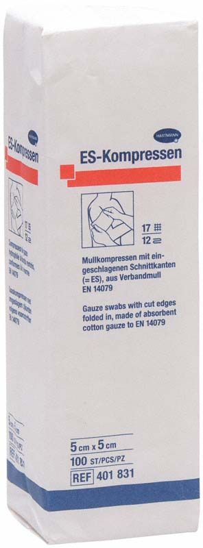 ES-Kompressen unsteril 5x5 cm, 100 Stück, in weißer Verpackung.
