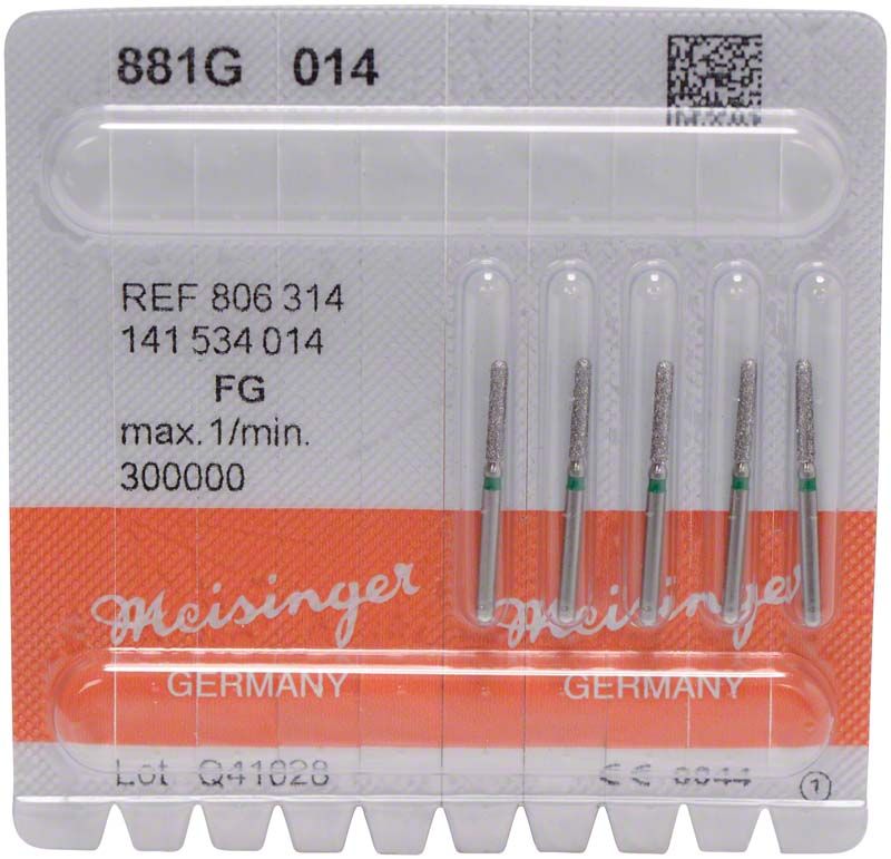 Diamantinstrument FG 881G 014 für dentaltechnisches Vorschleifen in Verpackung.