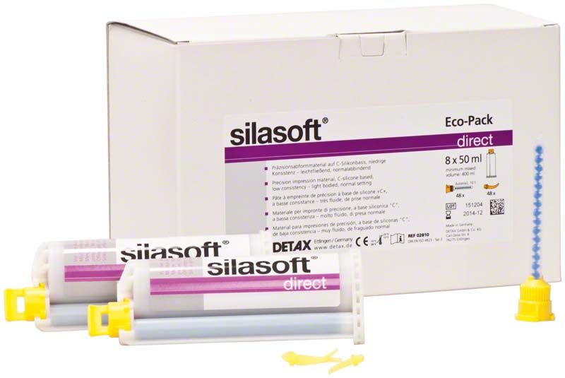 Silasoft direct Kartuschen 8 x 50ml vor Verpackung mit Zubehör.