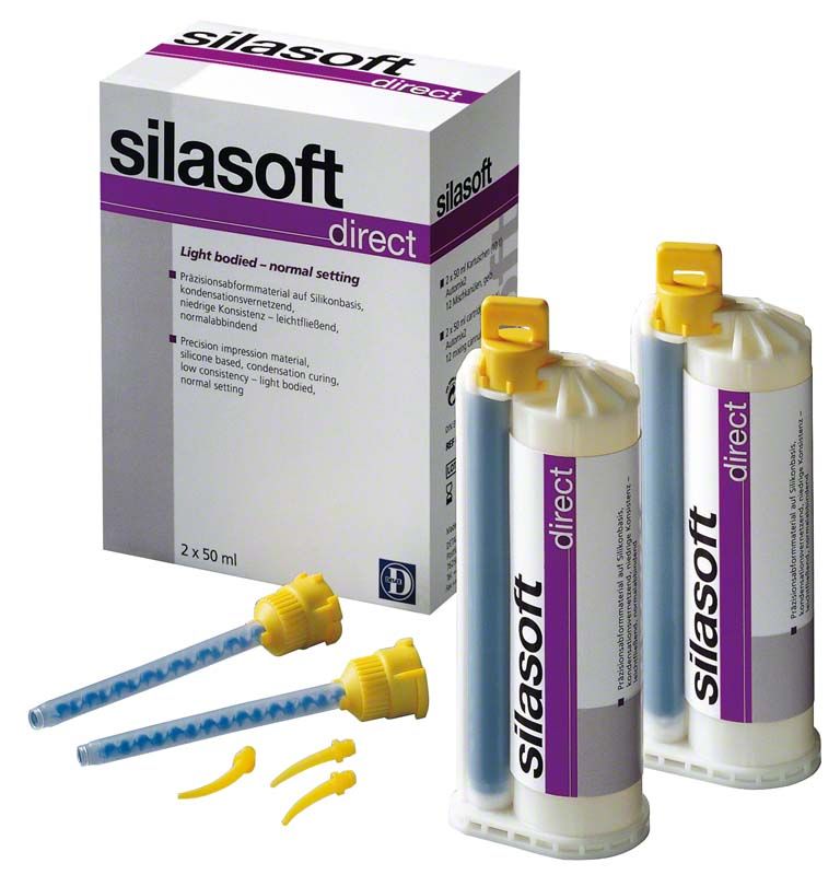 Silasoft direct Kartuschen 2 x 50ml mit Verpackung und Zubehör.
