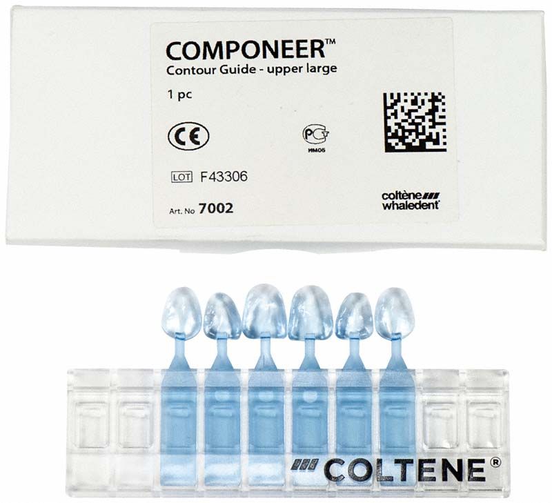 Componeer Contour Guide OK L in Verpackung mit sechs blauen Kunststoffaufnahmen.