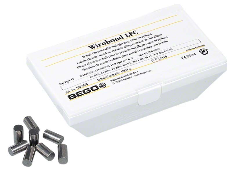 Wirobond® LFC 1000g Aufbrennlegierung in weißer Verpackung mit Metallstiften.