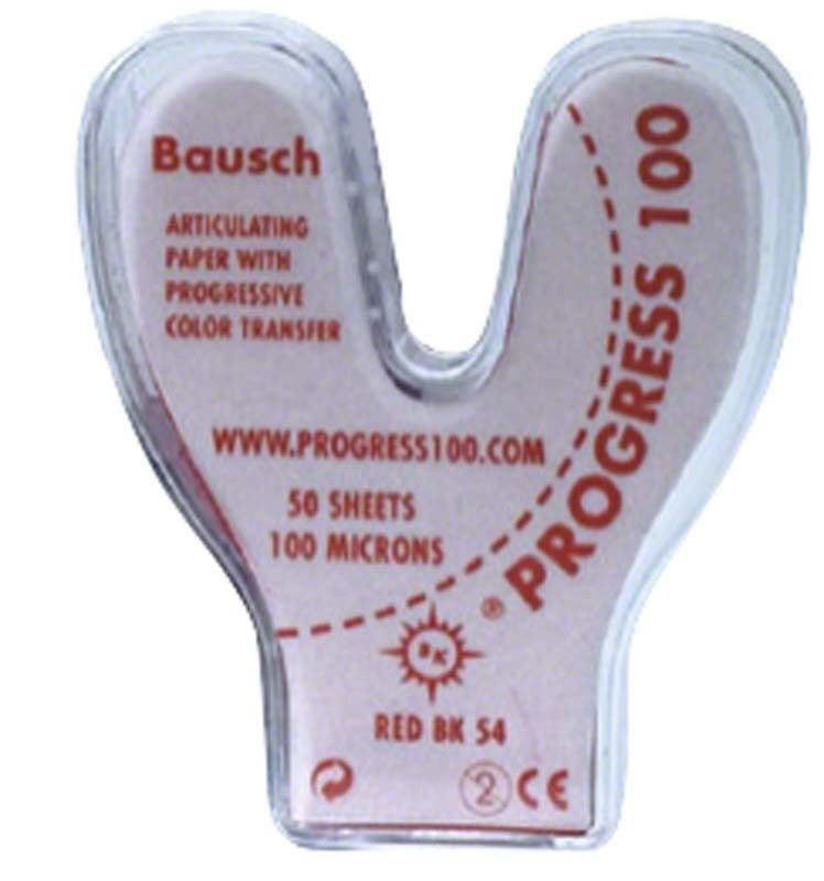 Bausch Progress 100 Hufeisenform Artikulationspapier mit roter Beschriftung in Kunststoffverpackung.